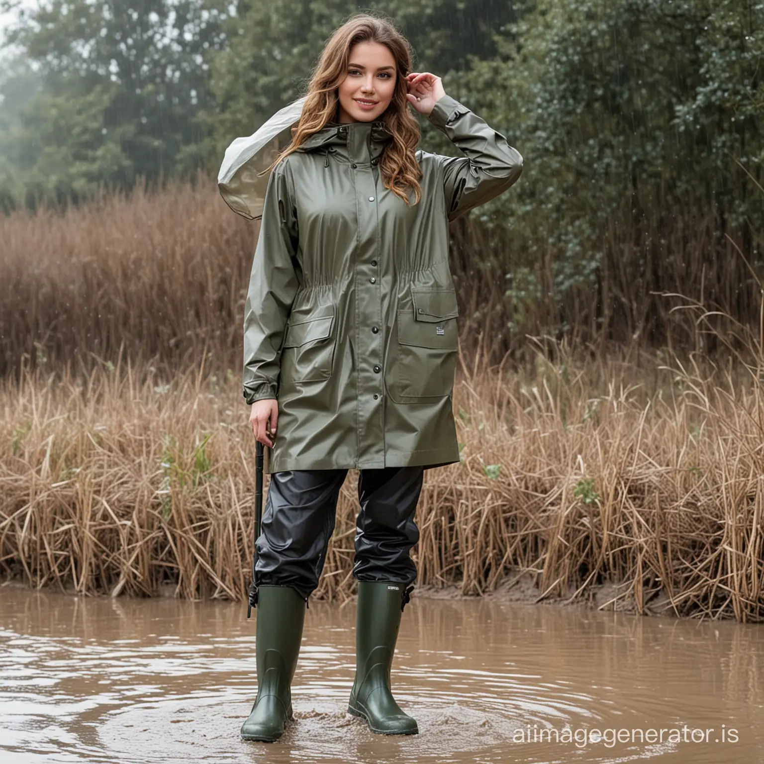 Women-in-Raincoats-and-Hip-Waders-Strolling-Through-Mud