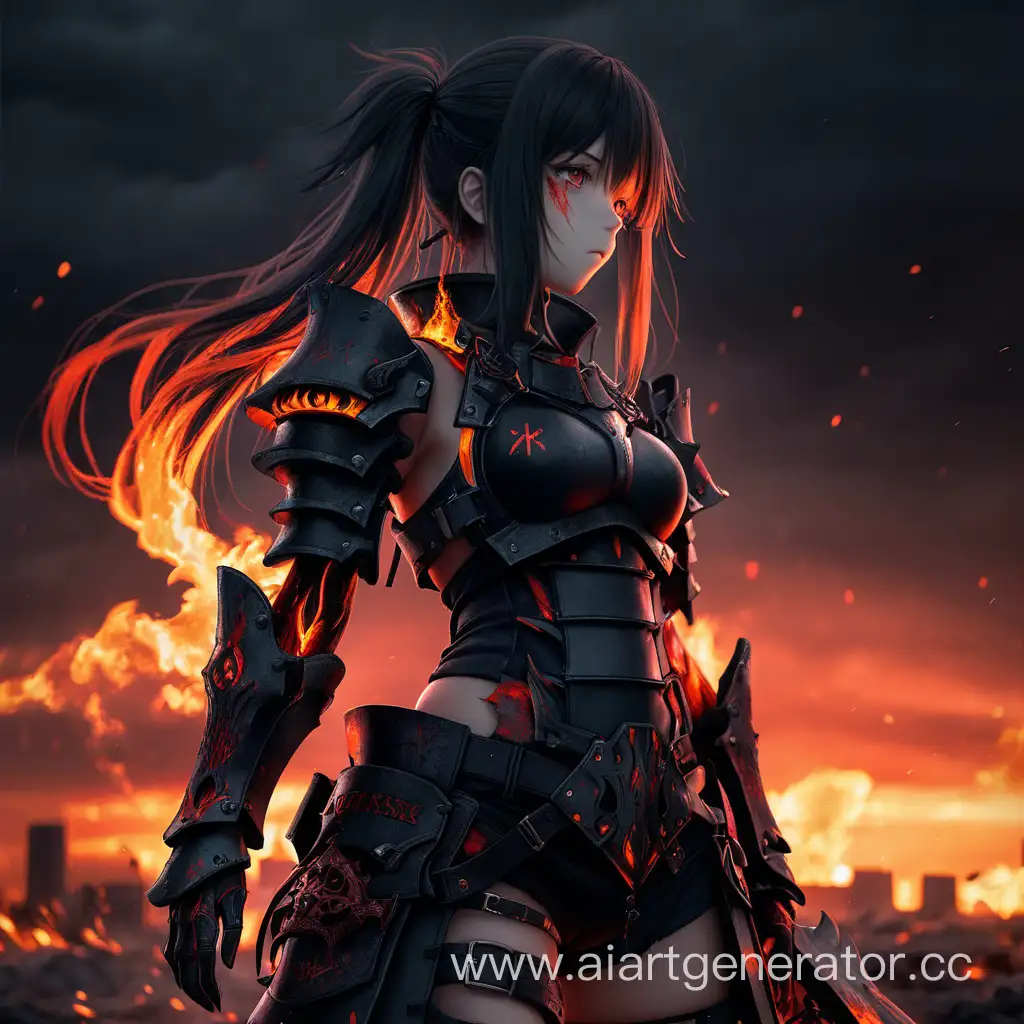 Anime girl, black dark armor, blood sky, fire, 4k, apocalypsise