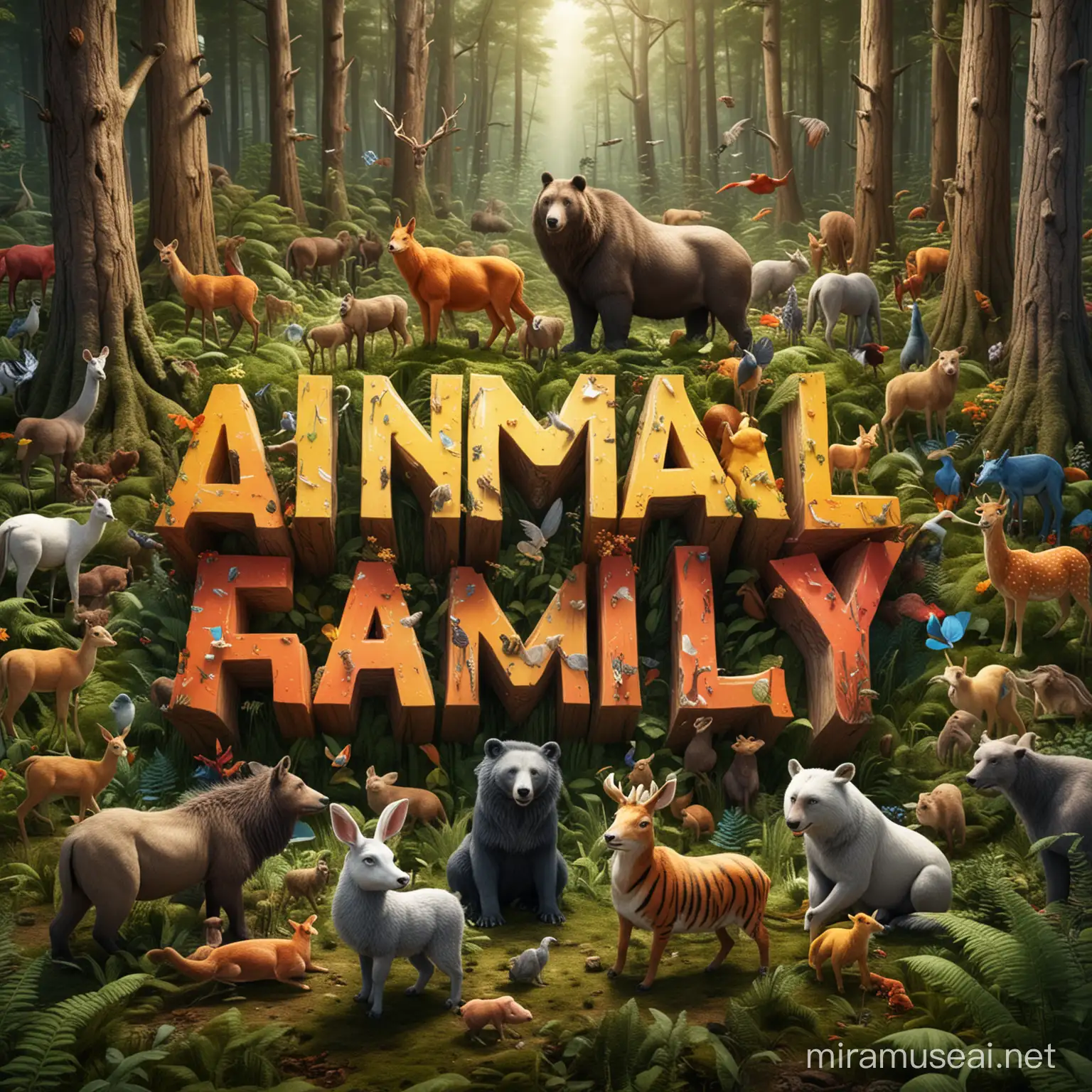a variety of animals in the forest gathering together, with the words 'animal family' in bold 3D letters, realistic HDsurrounded by vivid colors and high-energy effects
