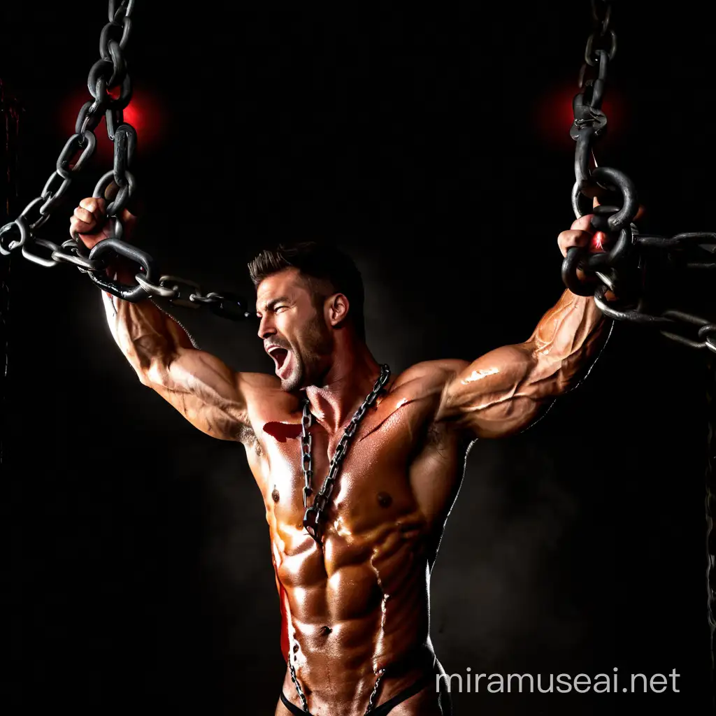 chained muscle hunk with blood