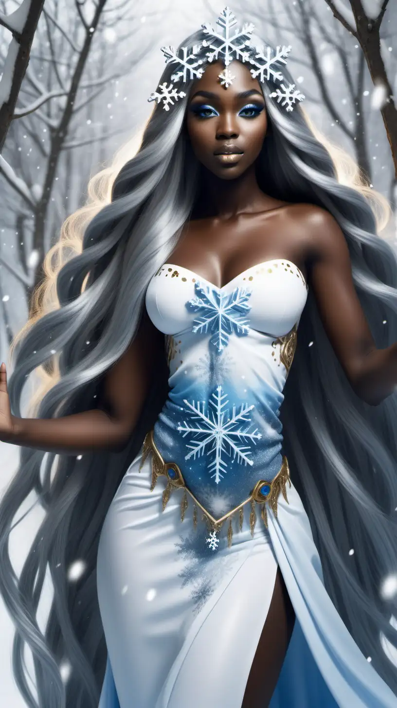 Dark skin snow goddess full body theme colors are white, silver, blue and gold. Long straight hair, contacts in eyes that look like snowflakes.