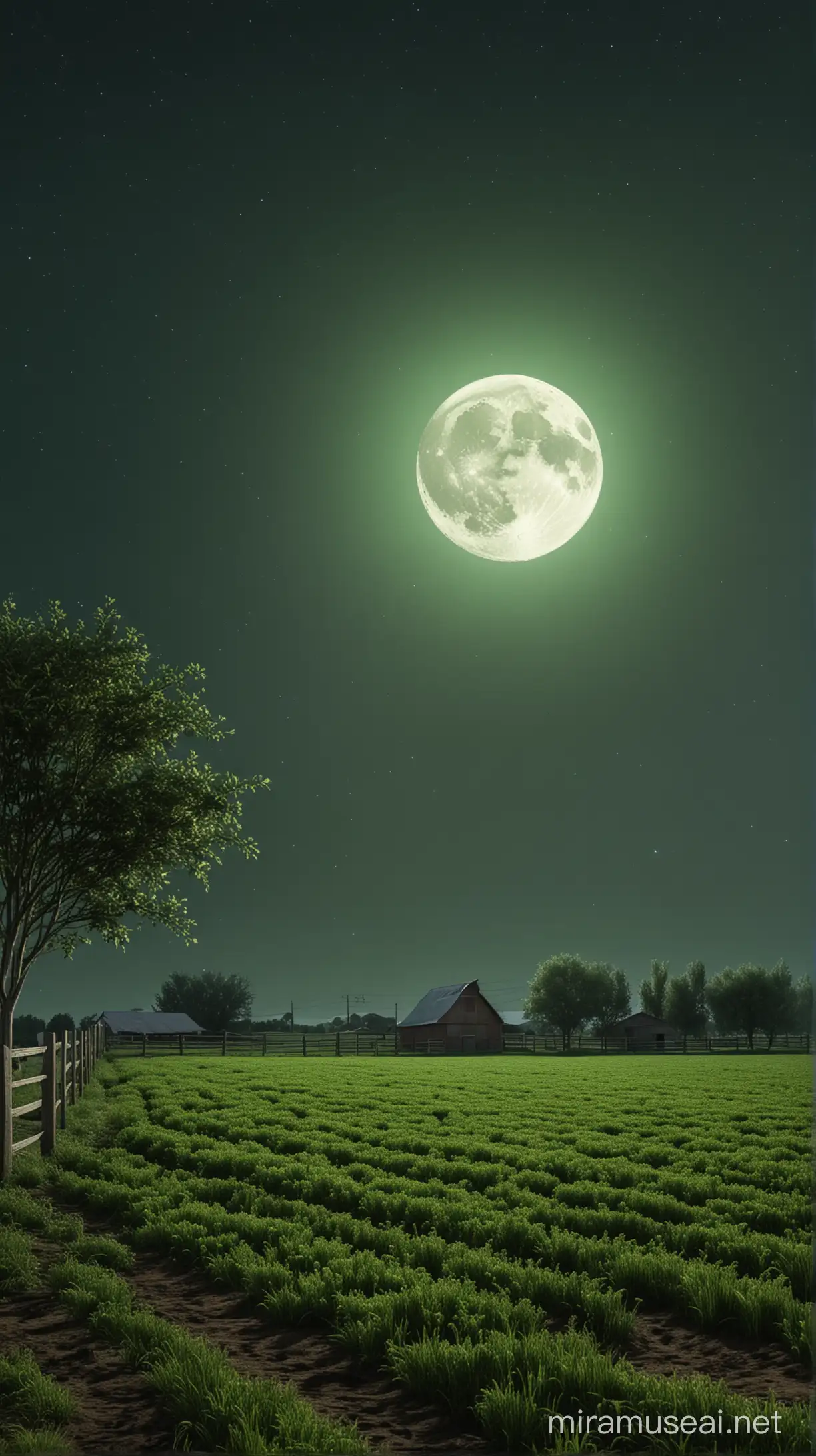 realistic  light moon in green farm 