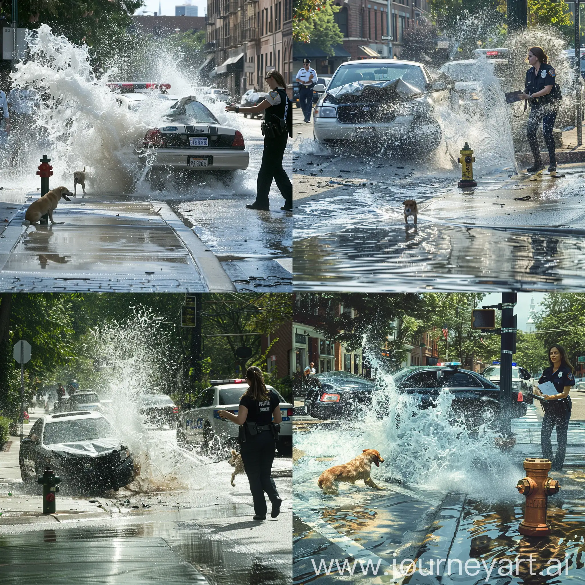 car accident by a student driver, car hit a fire hydrant, water splashing all over, dog on a sidewalk, policewoman reporting the incident