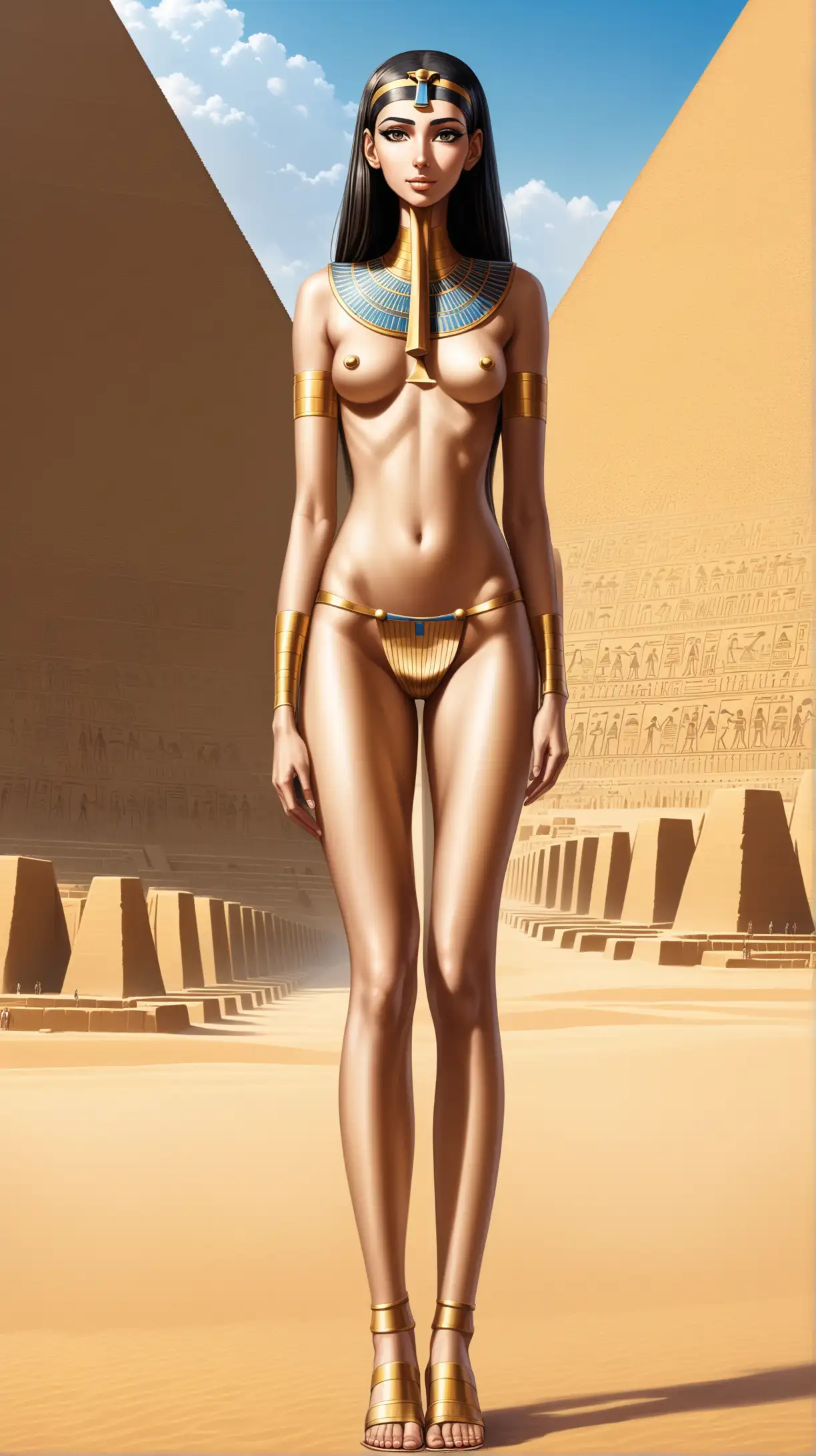Very tall woman from Ancient Egypt, 20 years old, unnaturally long neck, photo-realism, very long legs, outside near pyramid, full body facing camera