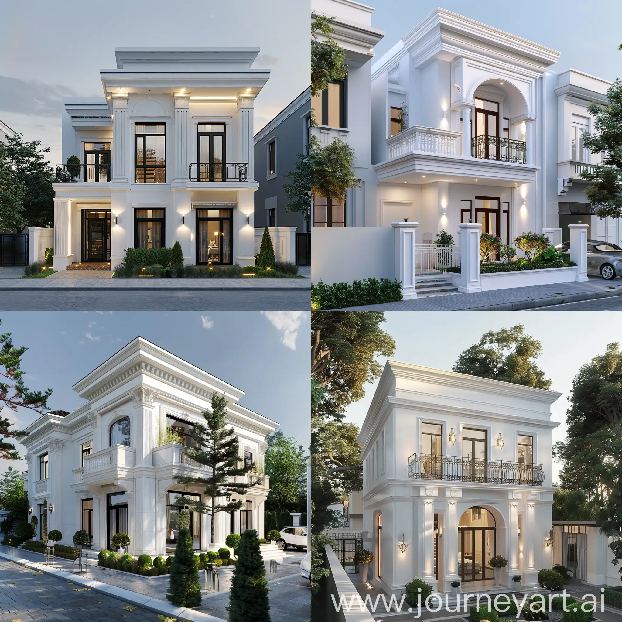 Generate designs of an ultra realistic two-story house, white and modern, not very large in size in city, in neoclassical architecture.