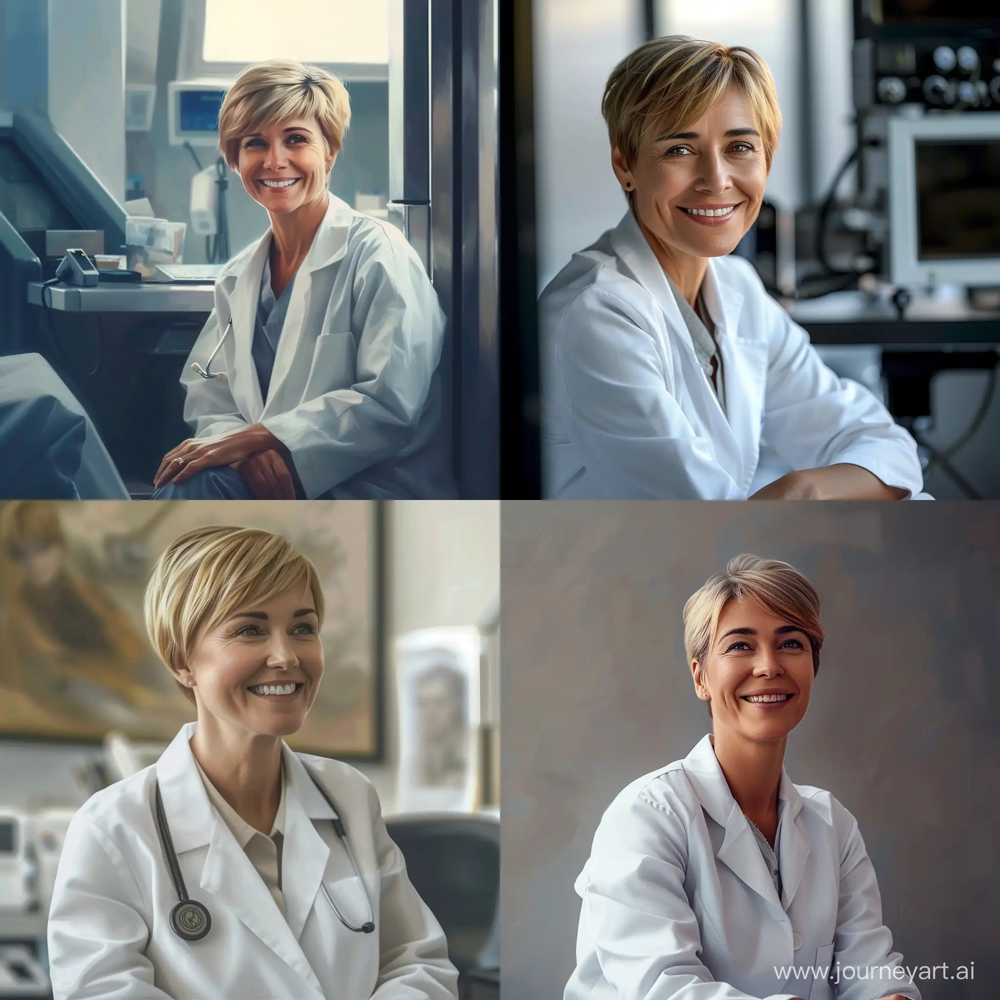 a woman doctor of medium stature is sitting smiling looking at the camera: she is wearing a white coat, short haircut, blonde hair: she is in the media room: photorealism