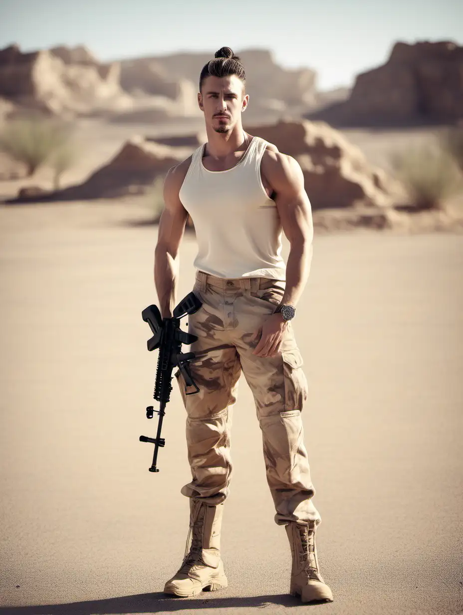 Young Man with Rifle in Desert