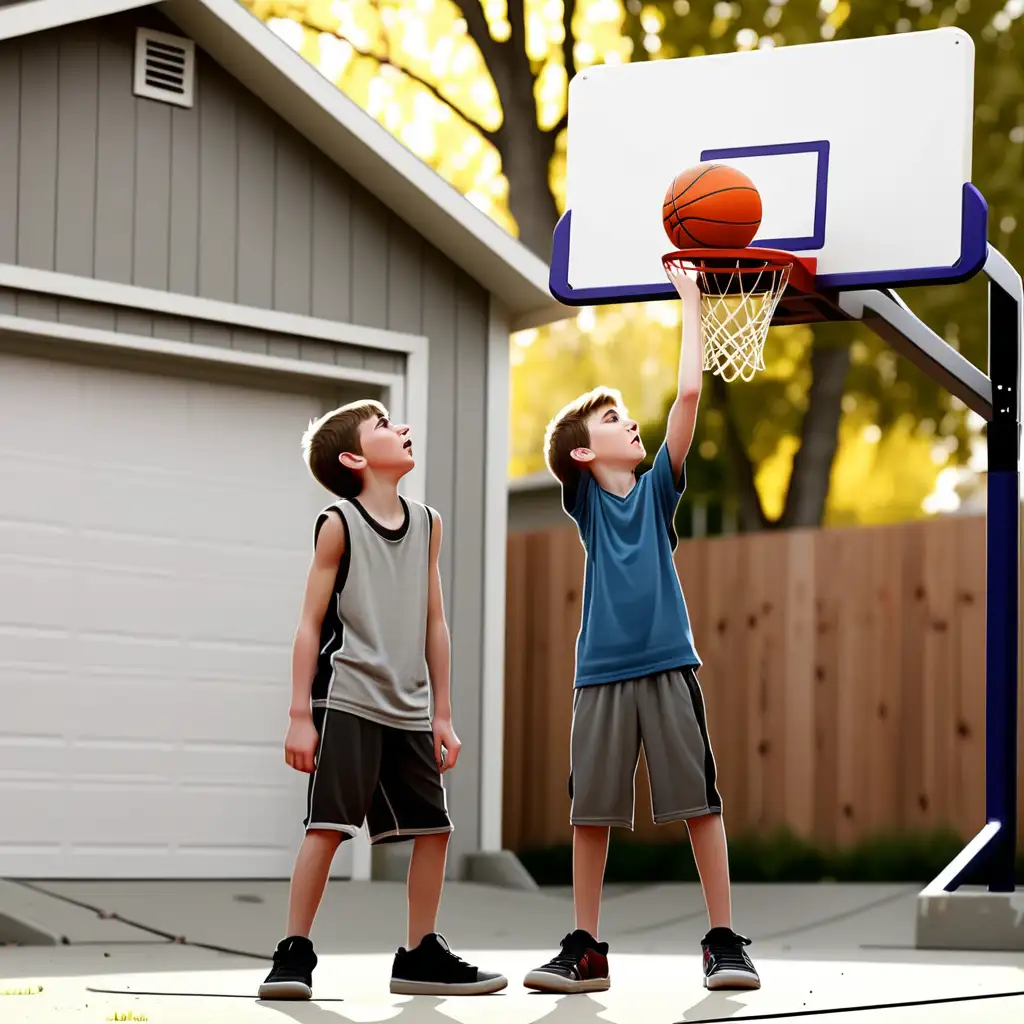 Young Boy Shooting Basketball Hoop in Front of Garage