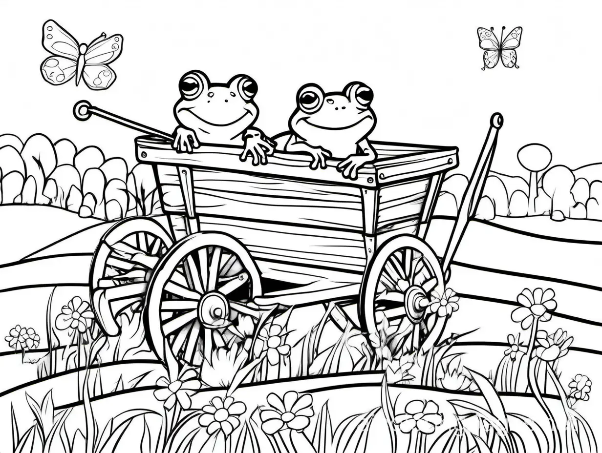 frog butterfly old wagon out in field, Coloring Page, black and white, line art, white background, Simplicity, Ample White Space. The background of the coloring page is plain white to make it easy for young children to color within the lines. The outlines of all the subjects are easy to distinguish, making it simple for kids to color without too much difficulty