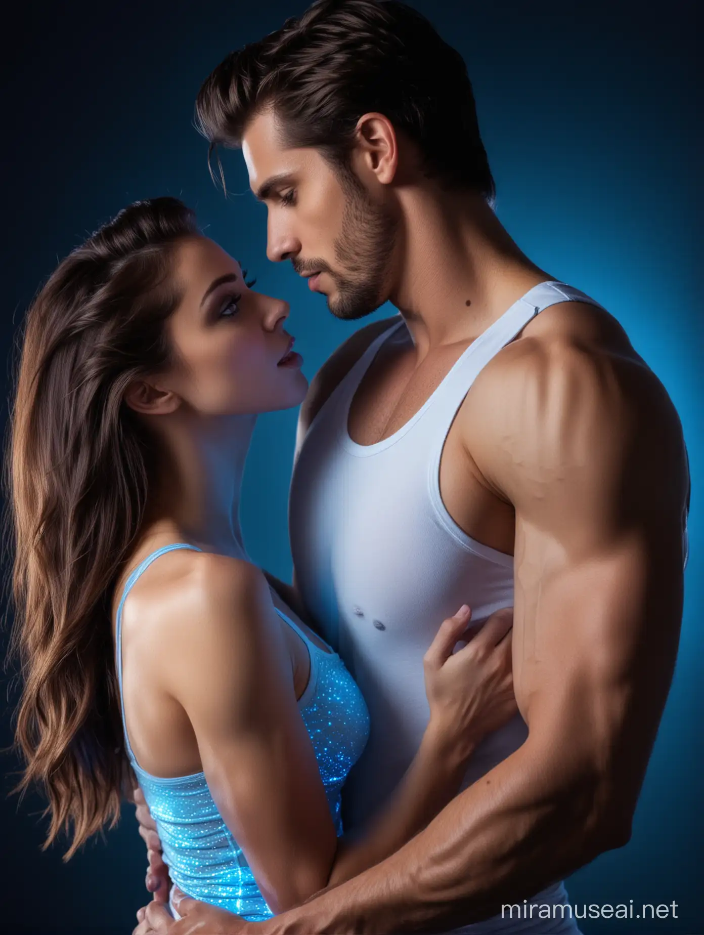 A sexy beautiful lady held romantically by a hot handsome young man in singlet, with a blue luminous light behind them