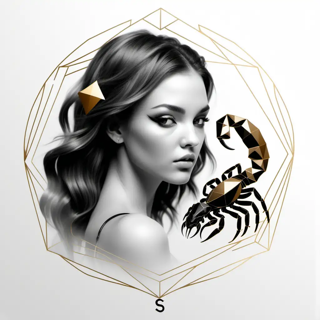 featuring a realistic  beautiful woman  with geometric shapes and a natural scorpion sketch represent scorpio zodiac
[black and white and gold]
white empty background