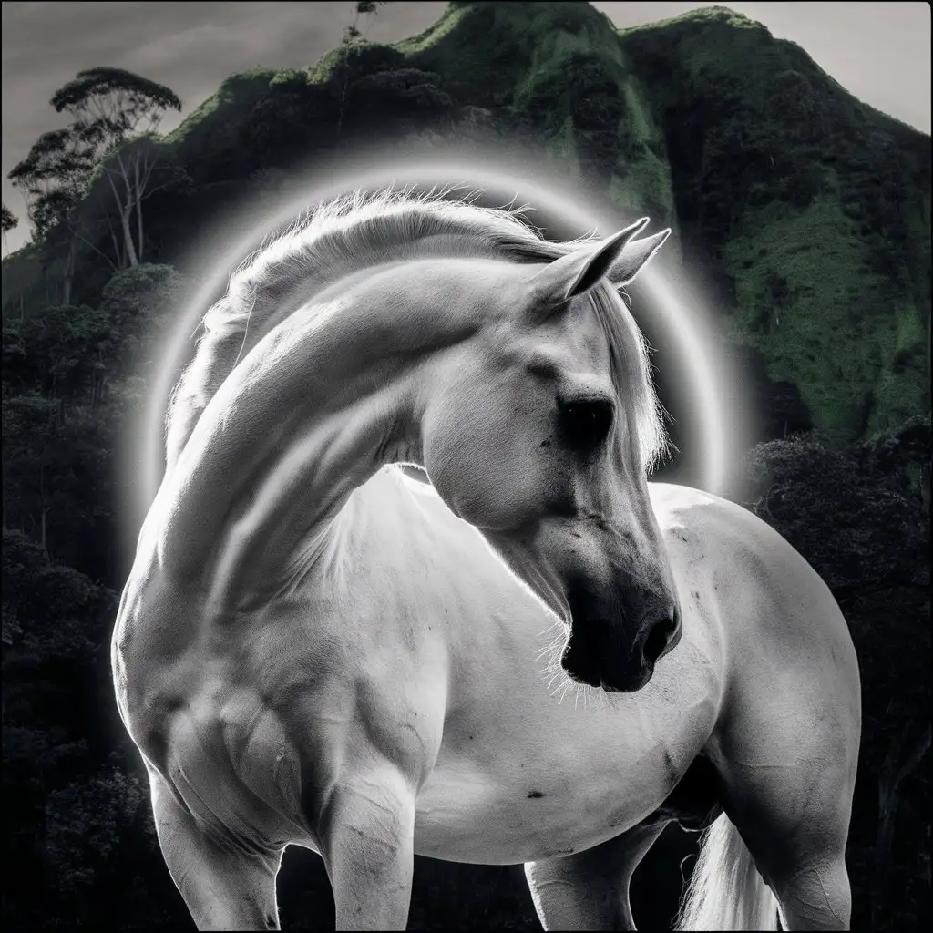 Majestic White Horse Silhouetted Against Lush Greenery Artistic Black and White Photography