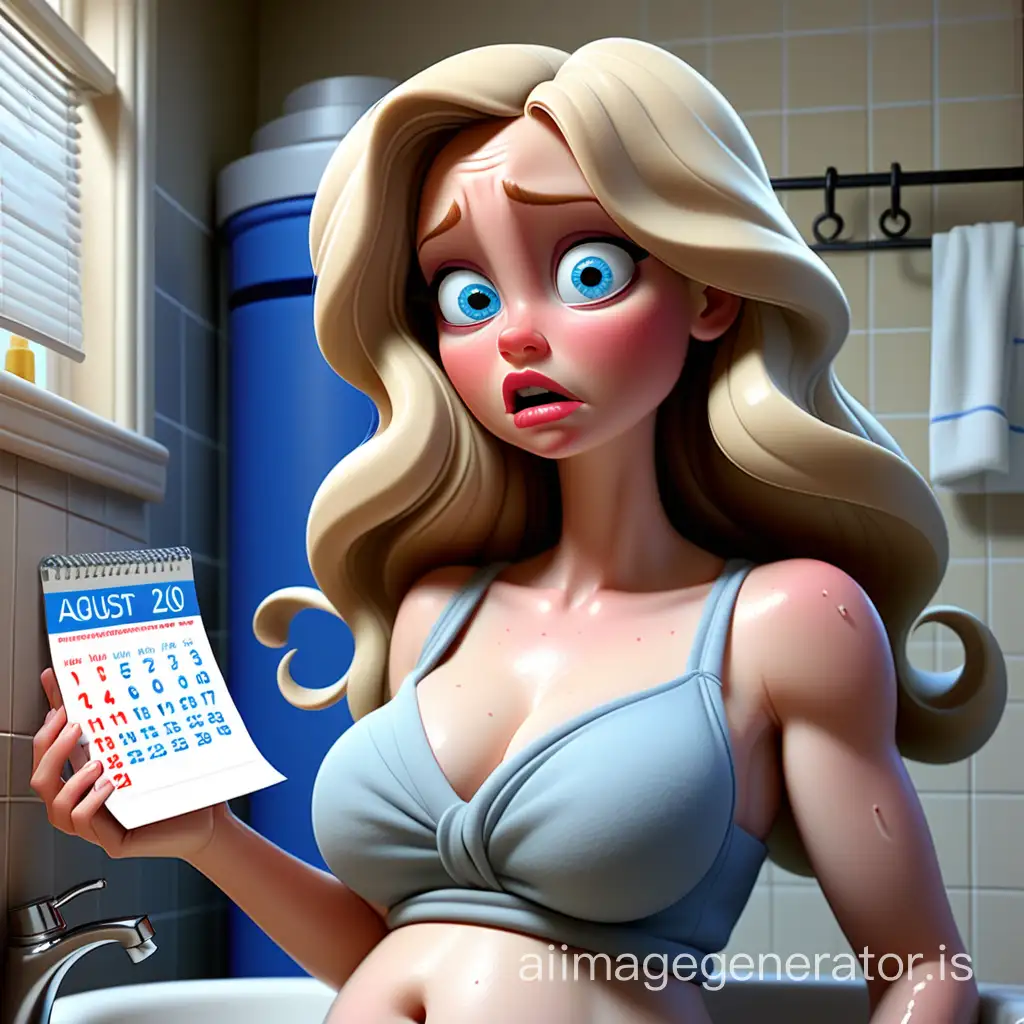A 30-year-old pregnant woman with medium long blonde hair, blue eyes, and full lips, who is in the bathroom and has broken her water. There is a calendar that marks August 4, 2018. In the style of a Disney Pixar movie.
