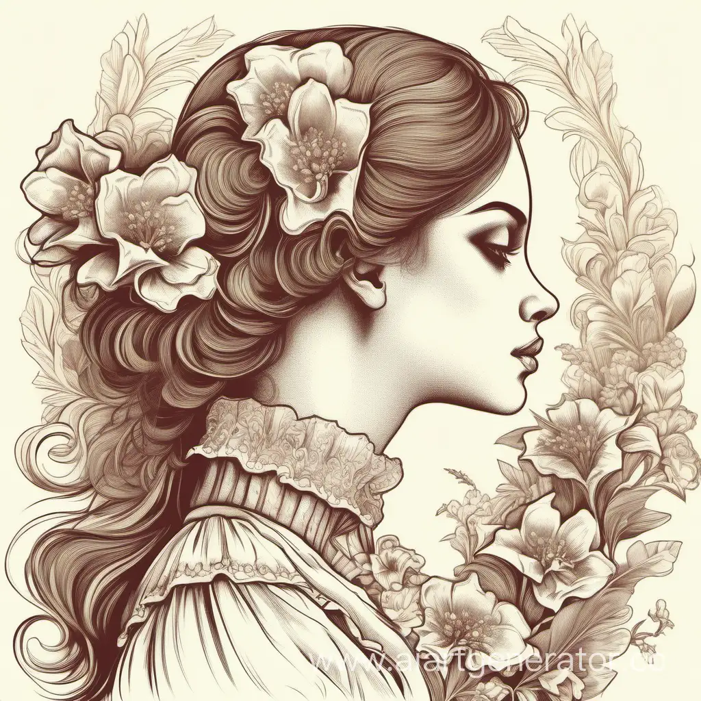 the face of the girl depicted in profile, in Victorian clothes, who inhales the scent of flowers in the style of the artist Oksana Viktorova.