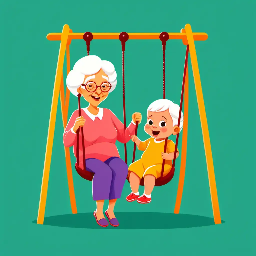 simple cartoon of grandma pushing baby on swing coloured background