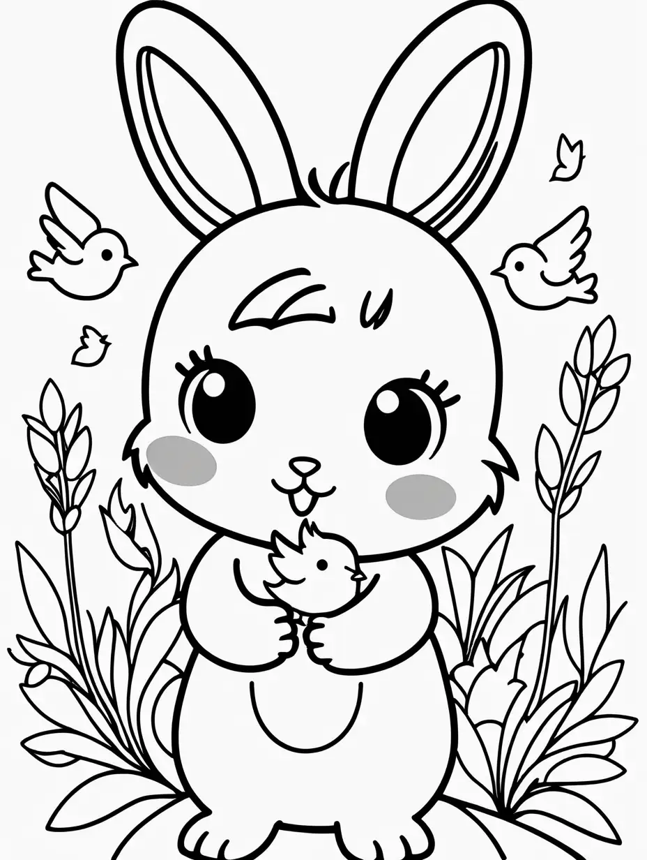 Coloring page for kids with a cute kawaii bunny, the bunny is holding a small bird on its hand, the bird is singing, black lines, white background 