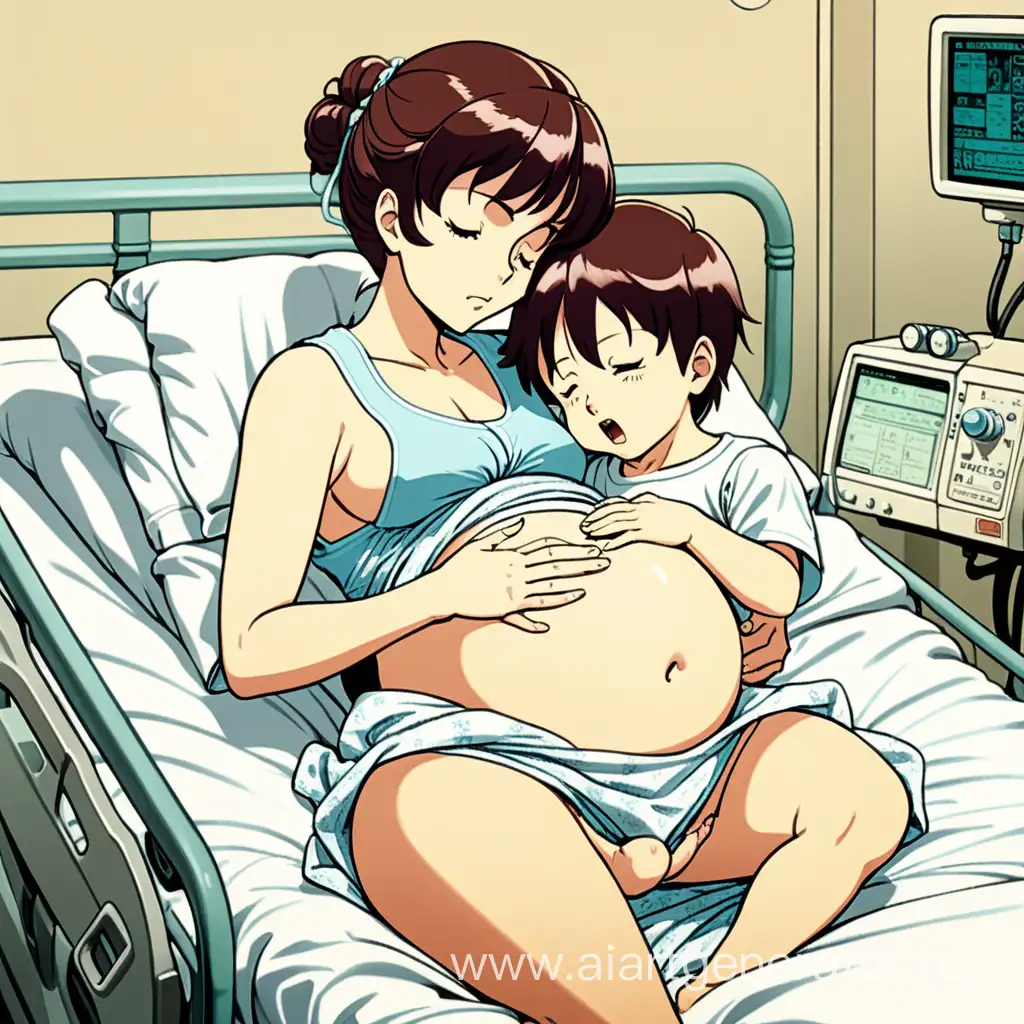 vintage anime pregnant mother laboring with little son hugging his mommy's belly in (hospital bed)