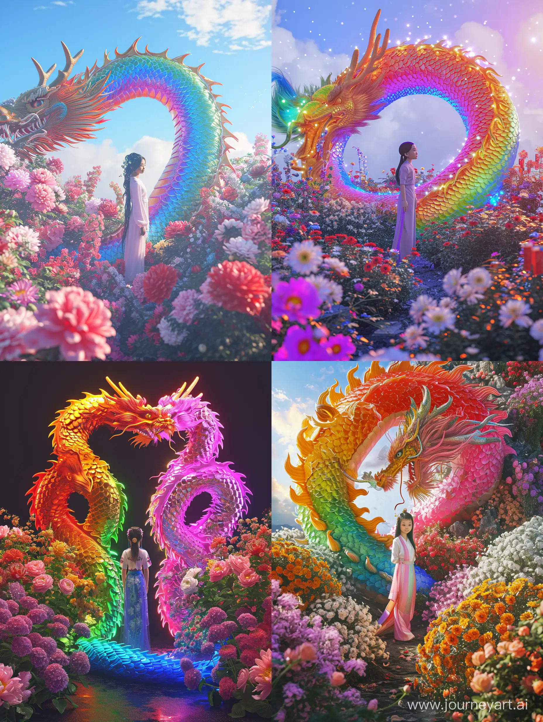 long shot,In front of rainbow dragon stands a Chinese girl,16 years old,Flowers surrounded her,grand scene, minimalism, Chinese dragon, C4D rendering, Surrealism, master works, movie lighting, Ultra HD, fine detail, color rating, 32K HD