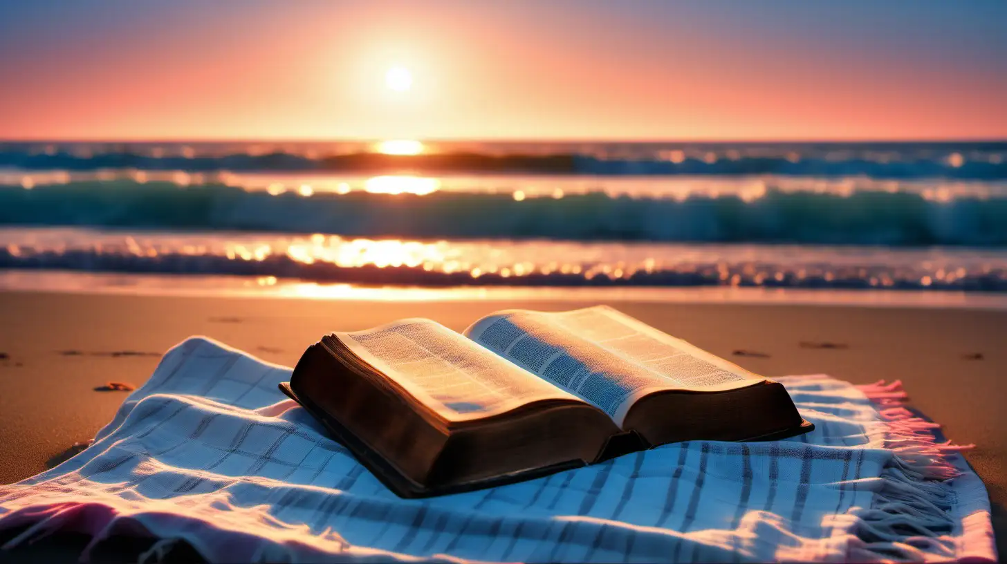 Tranquil Sunset Beach Scene with Holy Bible on Blanket