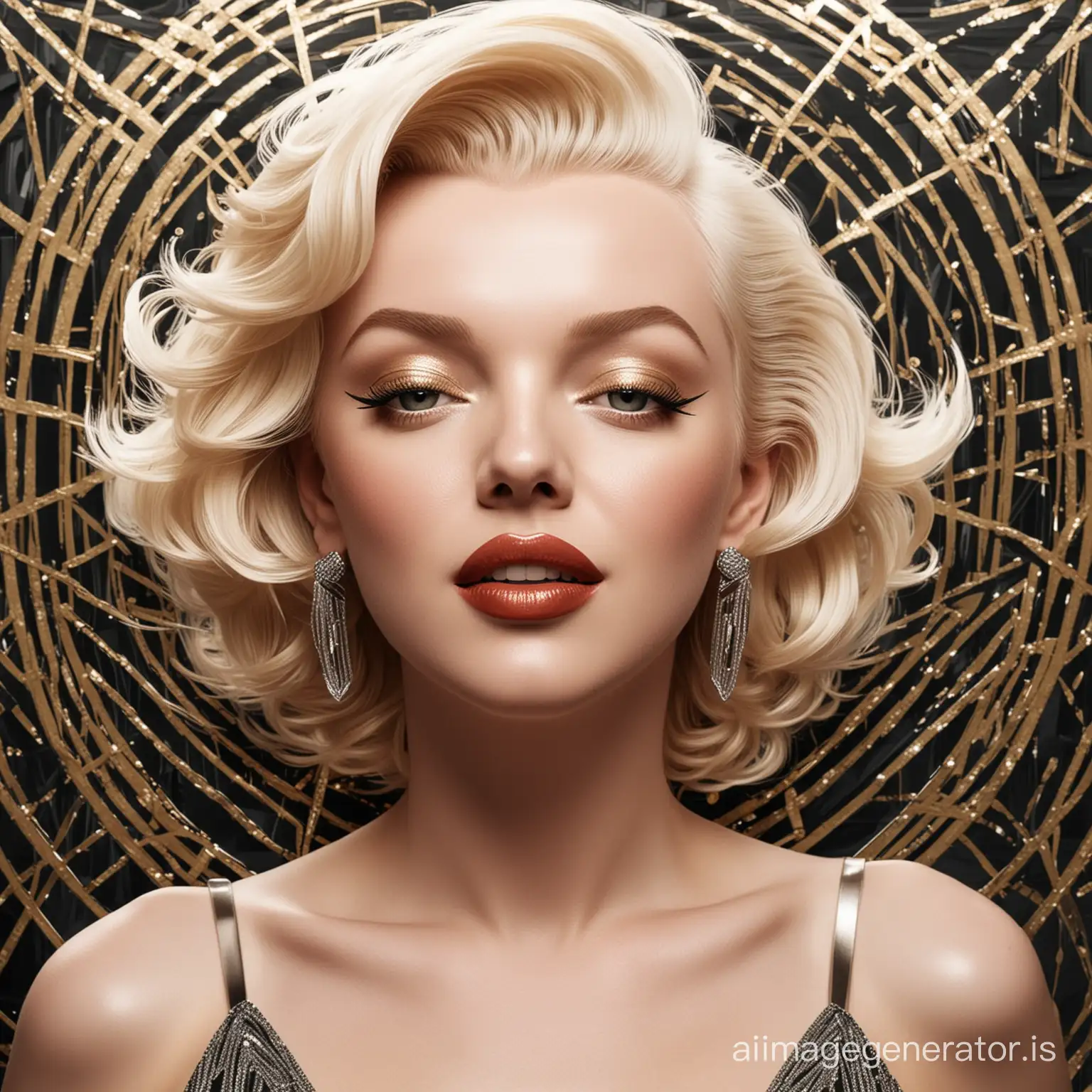 Marilyn Monroe in the style of Art Deco, with geometric lines and sleek metallics.