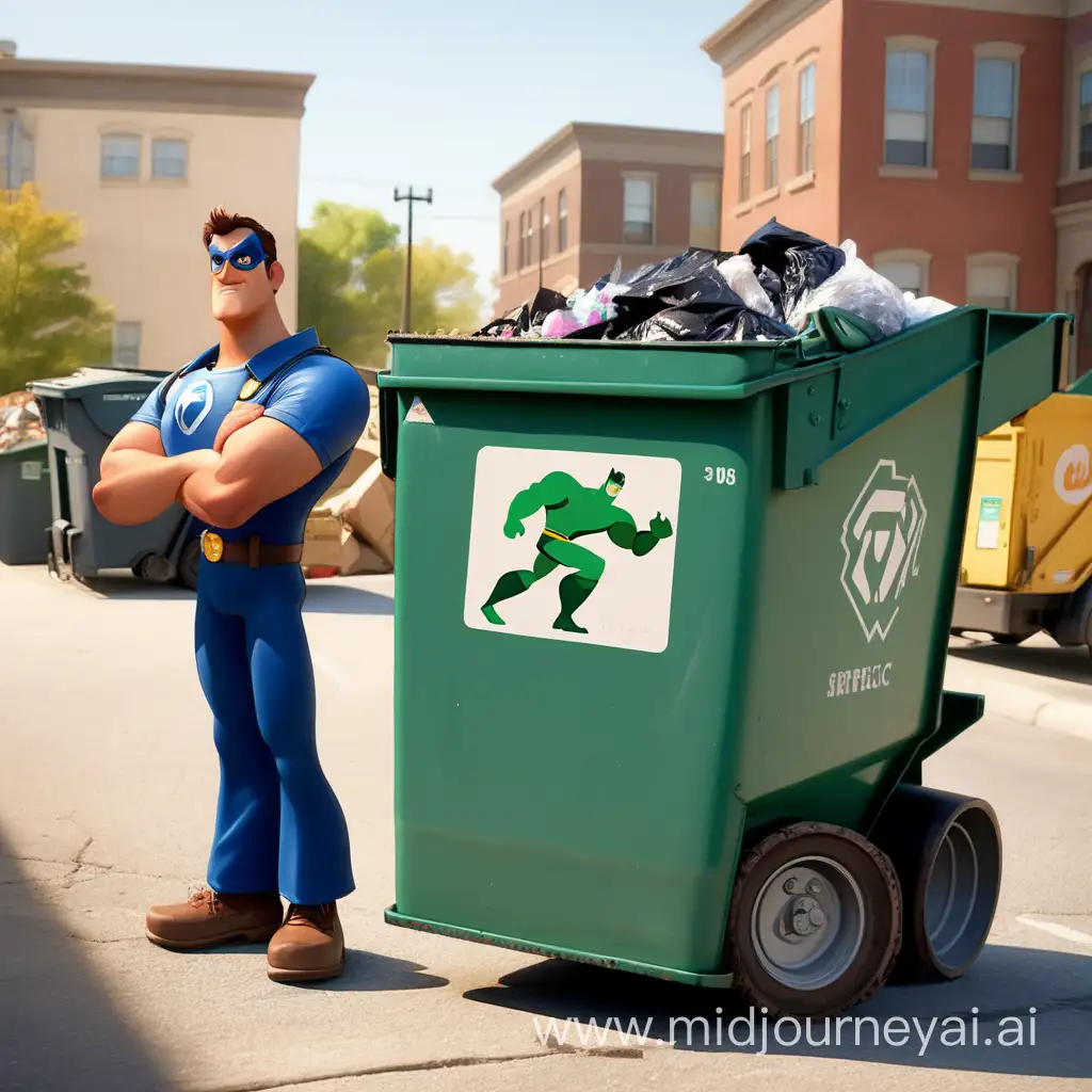 animated male character,  garbage man, super hero, with a roll-off dumpster
