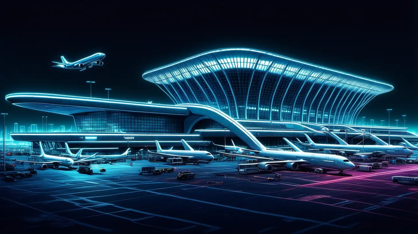 a cyberpunk photorealistic style of  Los Angeles international airport iconic center with terminals   scene with white neon  and  luxury futuristic planes  night time 