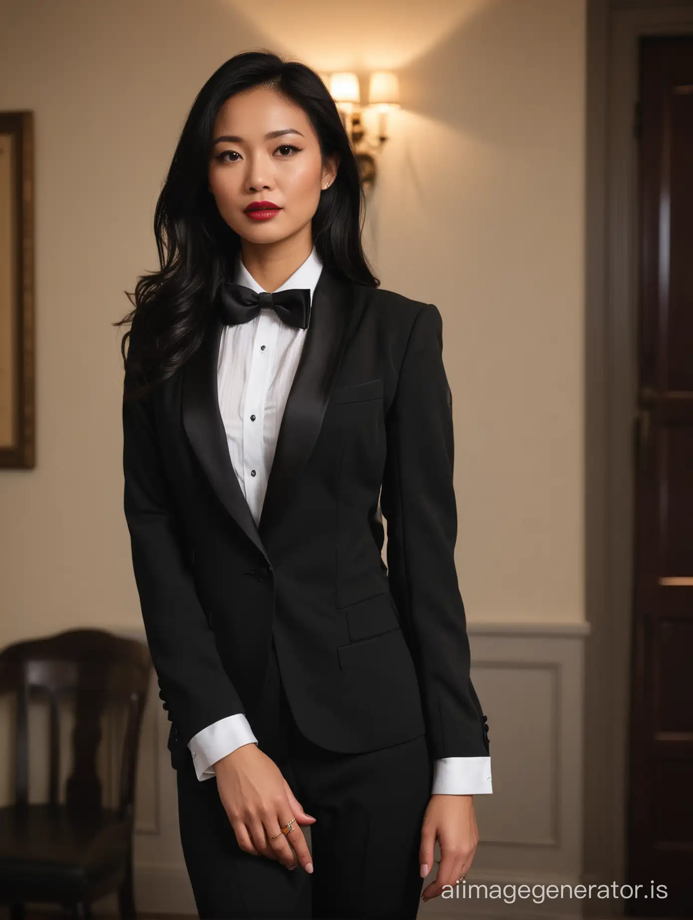 The scene is a dimly lit room in a wealthy mansion. A beautiful 40 year old vietnamese woman  with tan skin, long black hair, and lipstick, mid-twenties of age, is standing in the corner of a room. She is wearing a tuxedo with a black jacket.  The jacket has a corsage. Her shirt is white with double french cuffs and a wing collar.  Her bowtie is black.   Her cufflinks are large and black.