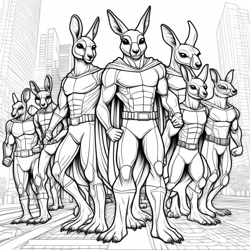 /imagine colouring page for kids, Kangaroo Superhero Team, in action-packed, thick lines, low details, no shading --ar 9:11
