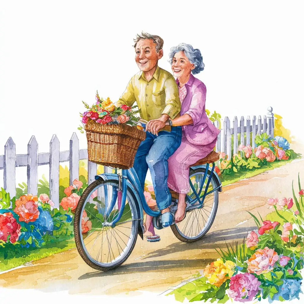 Line drawing of an elderly couple on a bike with a basket of flowers riding on a path with a fence and flowers growing along the path watercolor style