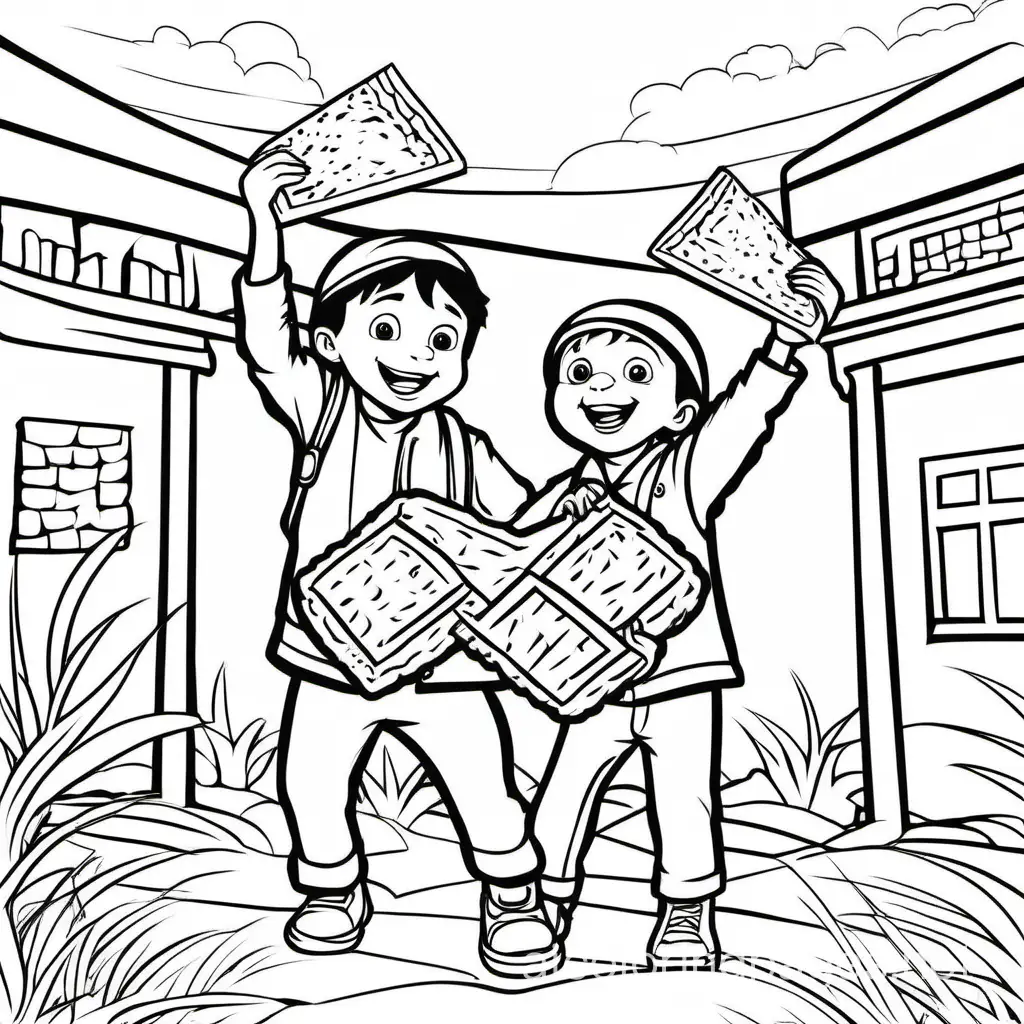 Hiding the Afikoman: A fun and cute coloring page depicting children searching excitedly for the hidden afikoman, with one child holding a piece of matzah behind their back. The characters are drawn in a lovable cartoon style, encouraging kids to have fun while coloring and imagining the hunt., Coloring Page, black and white, line art, white background, Simplicity, Ample White Space. The background of the coloring page is plain white to make it easy for young children to color within the lines. The outlines of all the subjects are easy to distinguish, making it simple for kids to color without too much difficulty