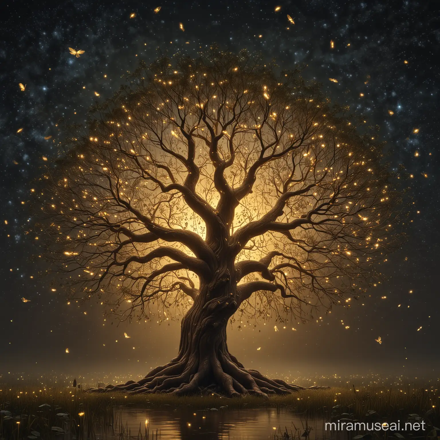 El árbol de la vida iluminado con luciérnagas doradas, noche, surrealismo, ultra detallado, 8k 