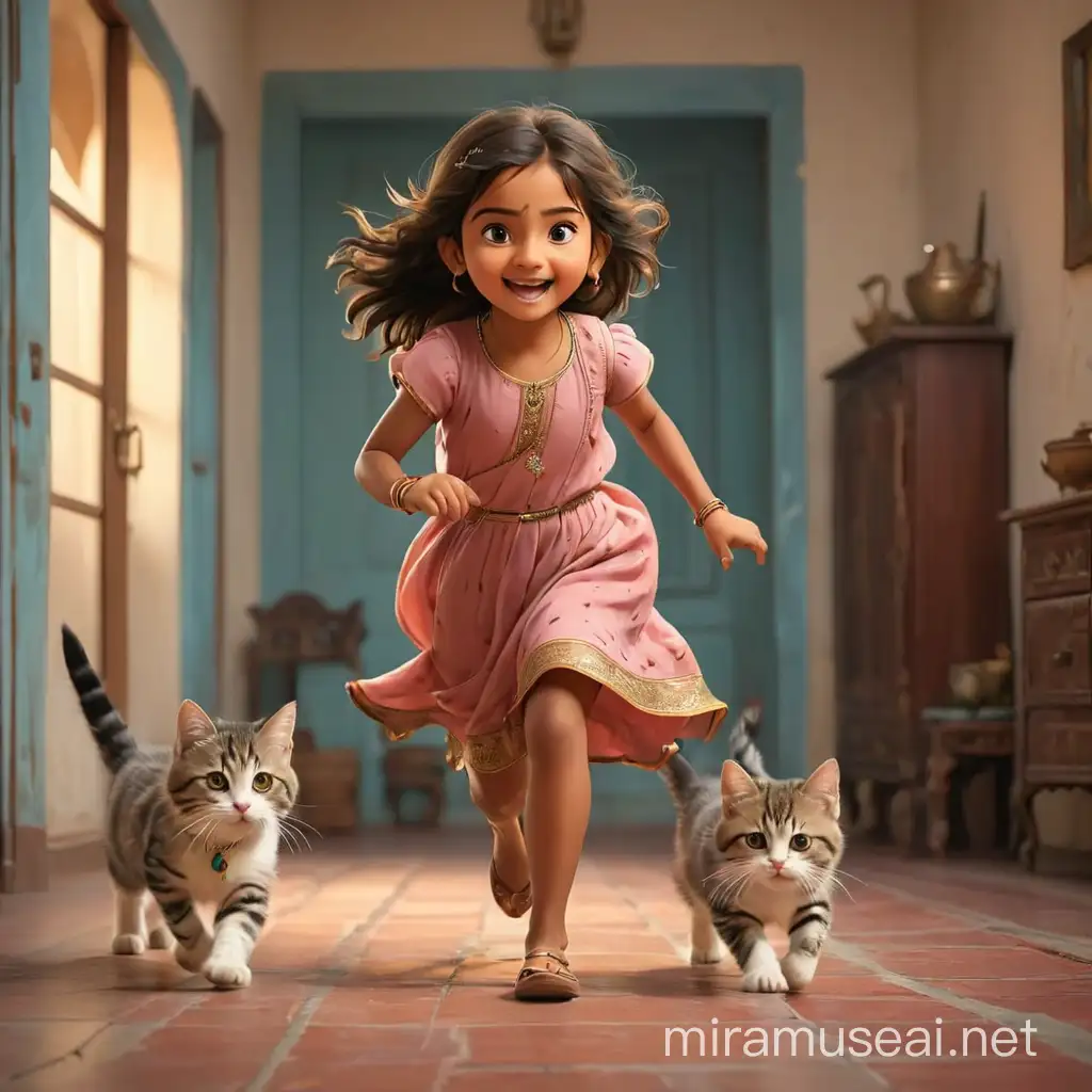 cute rajput little girl running and cat chasing her in a room
