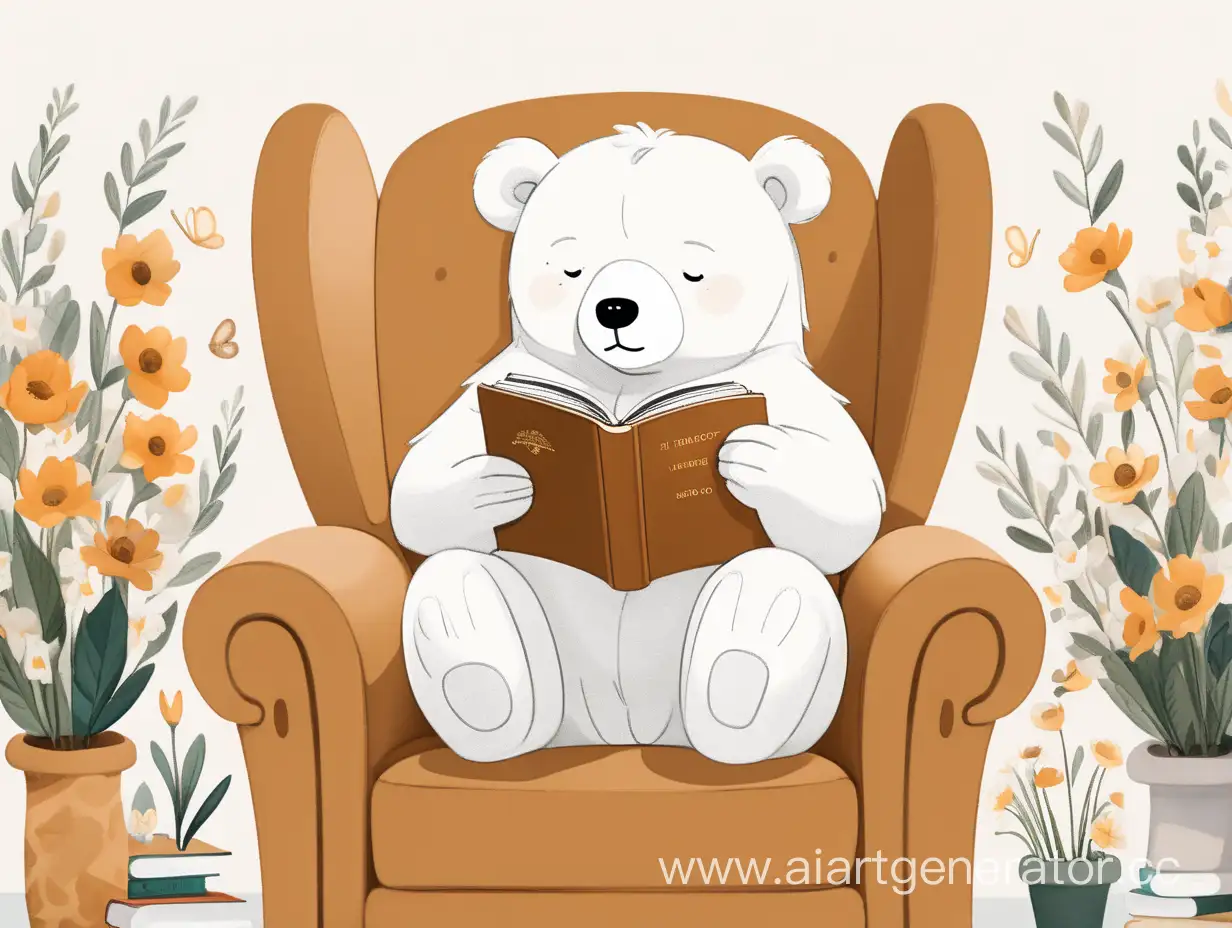 Tranquil-White-Bear-Reading-in-Cozy-Atmosphere-Surrounded-by-Wisdom-Flowers