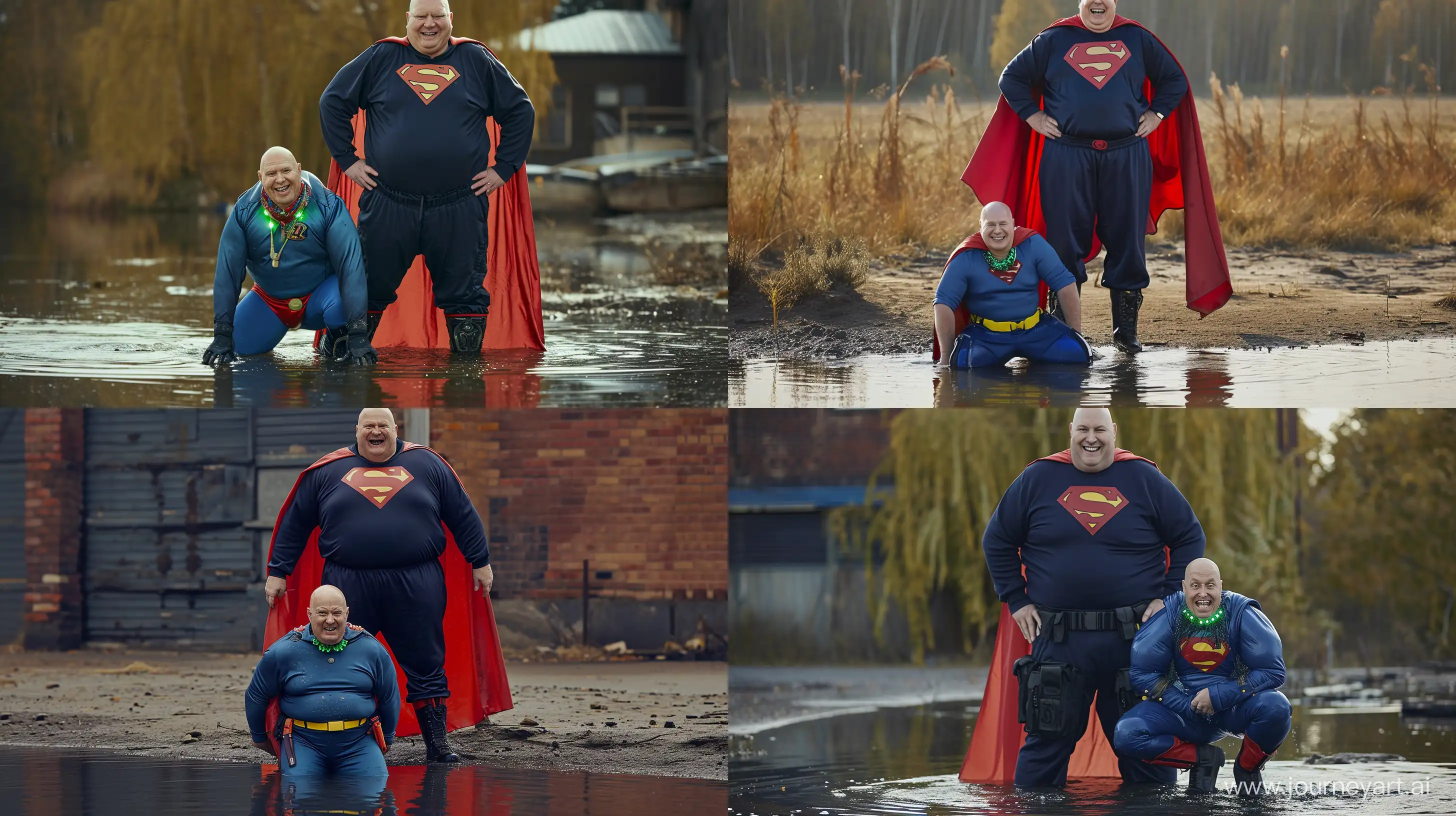 Photo of a smiling tall chubby man aged 70 wearing a silky navy tracksuit and black tactical boots. He is behind another fearful chubby big man aged 70 kneeling in water who is wearing a silky blue superman costume with a large red cape, red boots, blue shirt, blue pants, yellow belt, red trunks, green glowing small short dog collar around his neck. Outside. Bald. Clean Shaven. --style raw --ar 16:9 --v 6