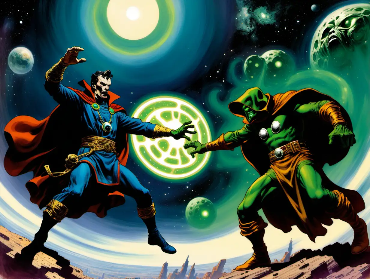Epic Space Battle Doctor Strange vs Doctor Doom in Frank Frazetta Style