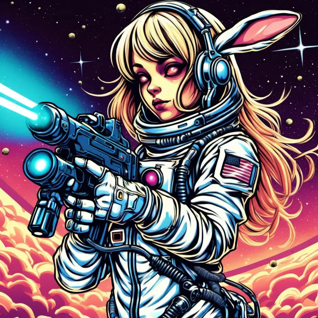 Human rabbit girl astronaut with a laser gun