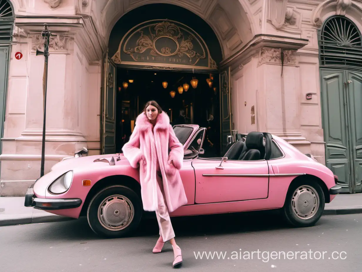 a french gurl in pink fur coat gets into a pink car in paris