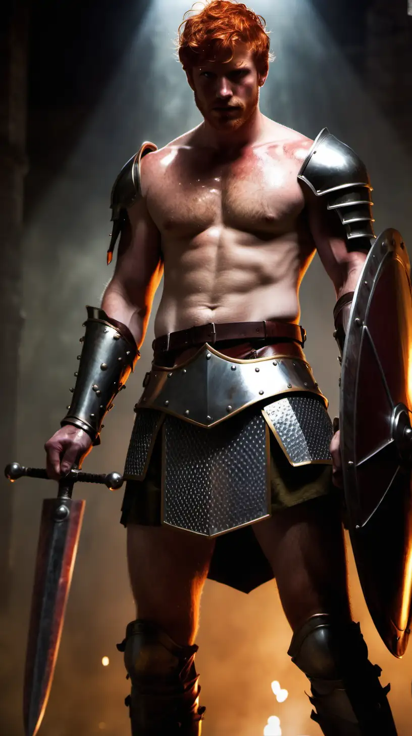 Redhead knight, glasses, short hair, stubbles, hairy chest, shirtless, leg armor, sweaty, oiled up, wielding a tower shield, intense stare, spotlight 