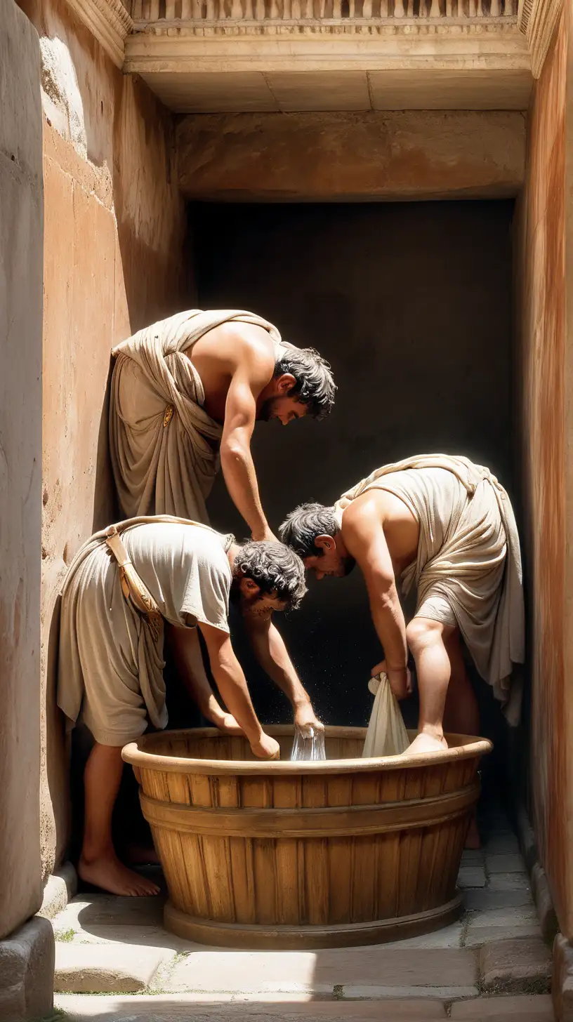 In ancient Rome, 4 men wash clothes with urine in a tub
