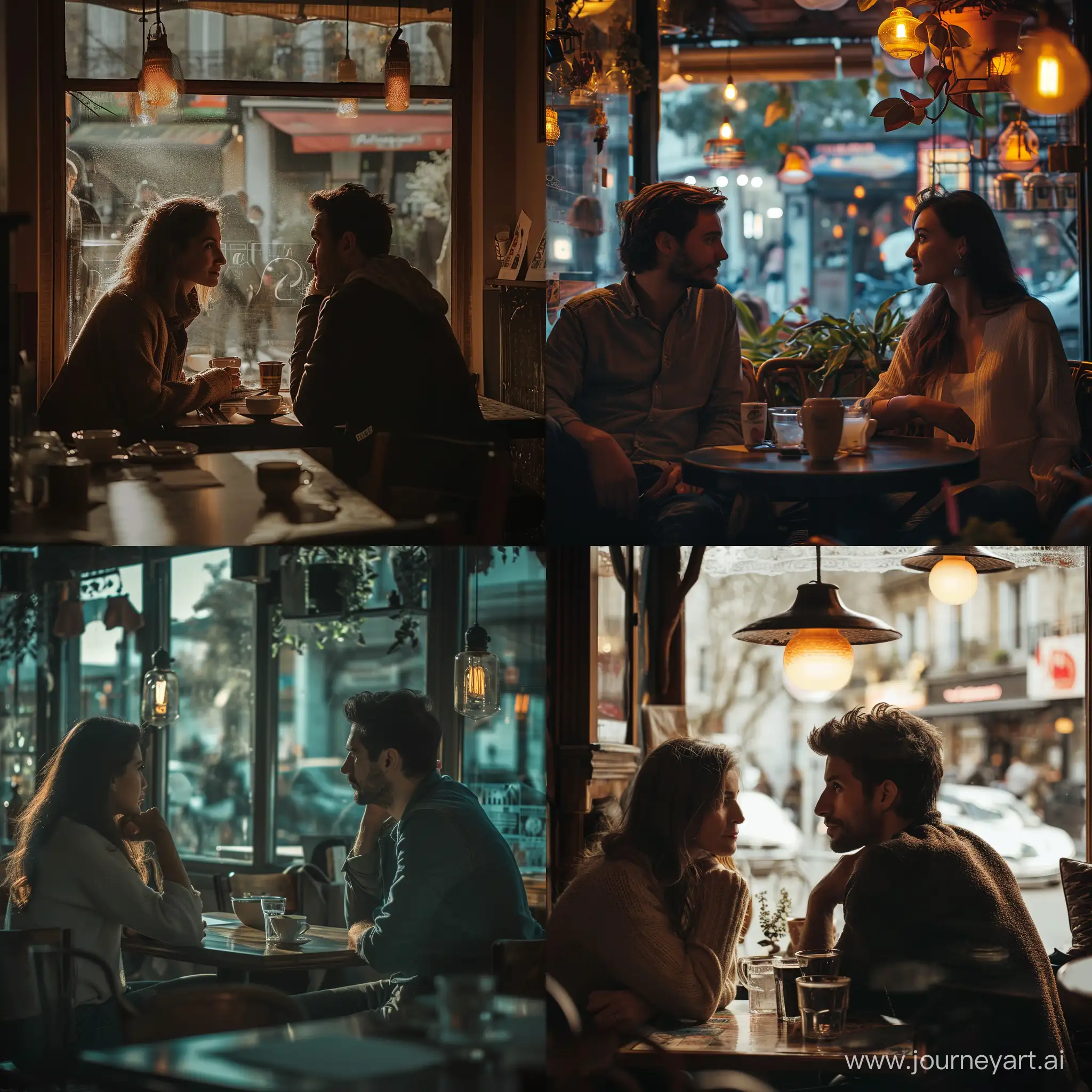 A man sitting with his girlfriend in a cafe, a shot from a movie, a cinematic shot, cinematic lighting