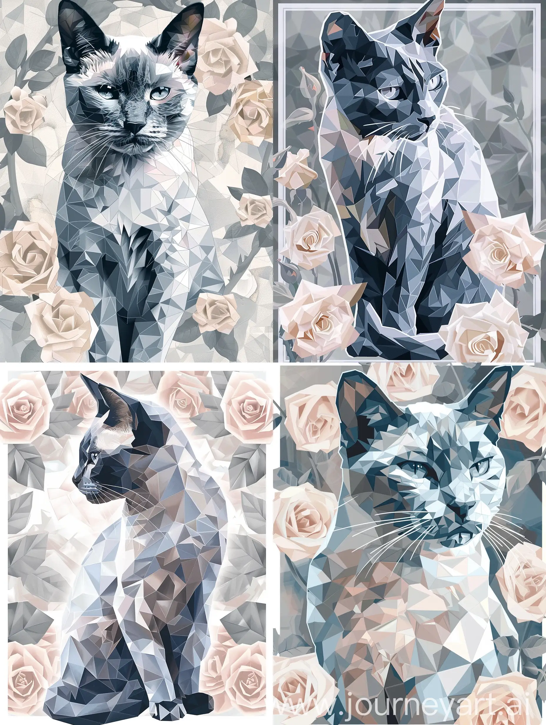 кошка русская голубая порода, рисунок в полигональном стиле, полностью вся кошка представлена в виде полигонов, светлые пепельно-розовые полигональные розы в обрамлении, цвета белый серый и темно-серый, минимализм