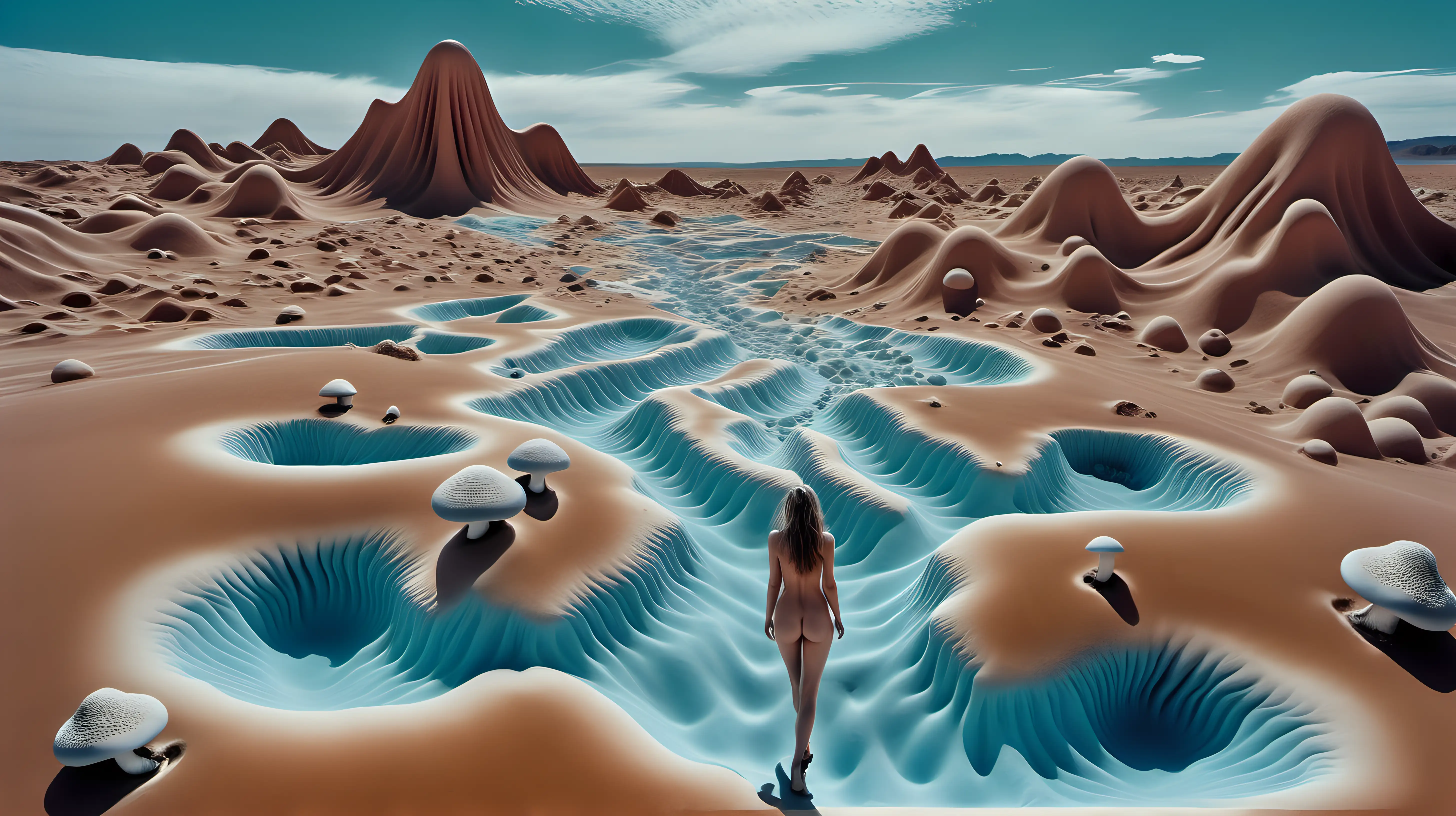 Surreal Nude Woman Amidst Crystal Blue Mineral Clouds and Desert Dunes