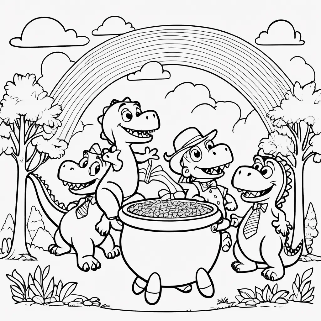Dinosaur Leprechauns Dancing Animated Black and White Child Coloring Page