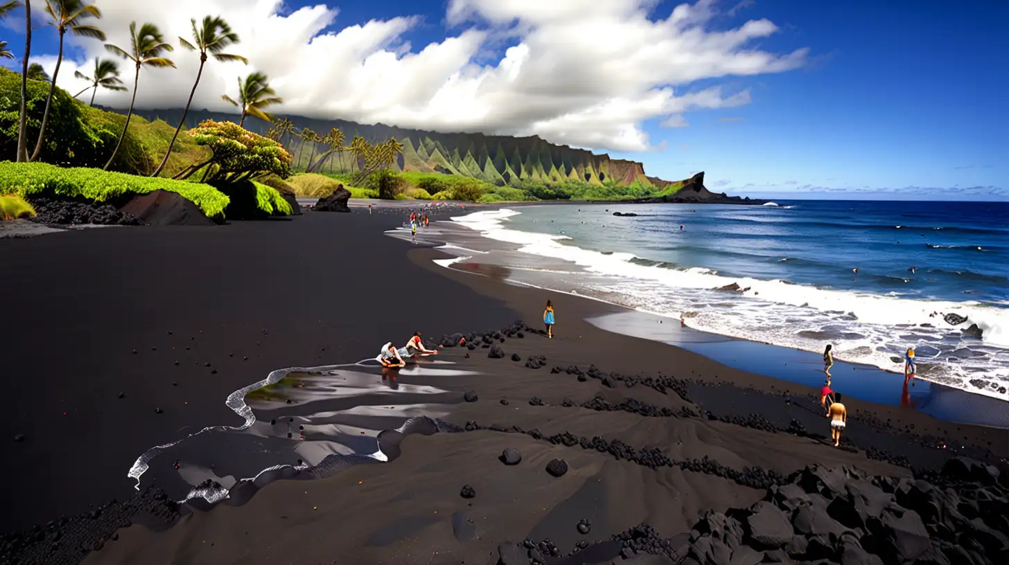 Vibrant Tourists Enjoying Hawaiis Unique Black Sand Beach