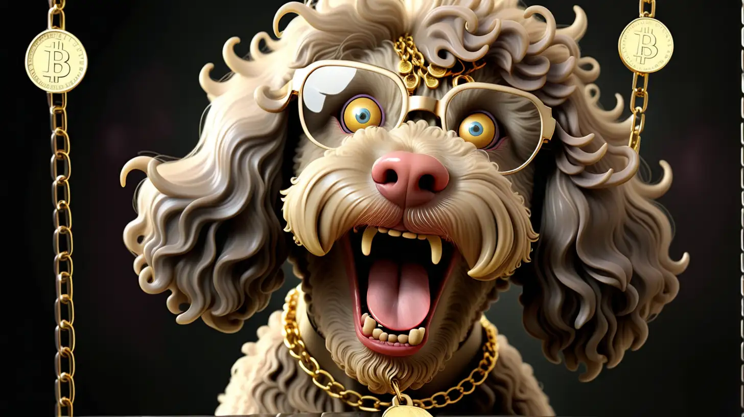 Screaming Labradoodle Demon Hybrid with Glasses and Gold Coin Chain