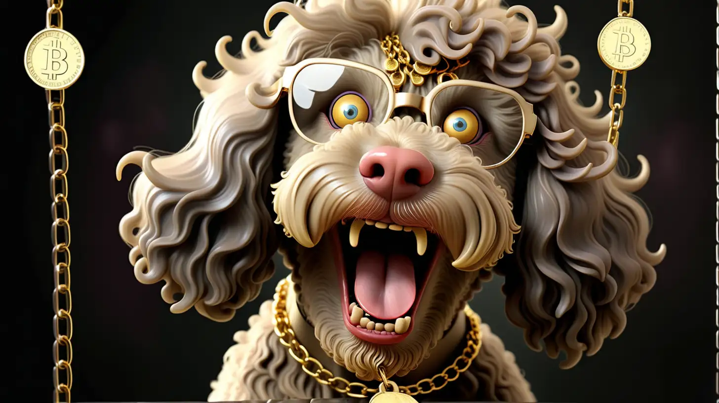 labradoodle demon hybrid wearing glasses and gold coin chain, screaming 