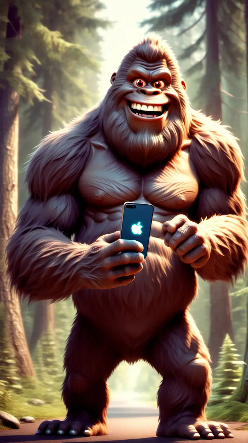 smiling bigfoot holding a smartphone, pixar style animation
