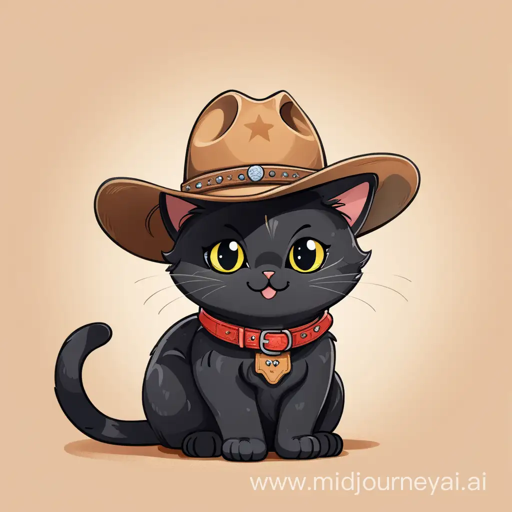 A small cute happy black cat wearing a cowboy hat