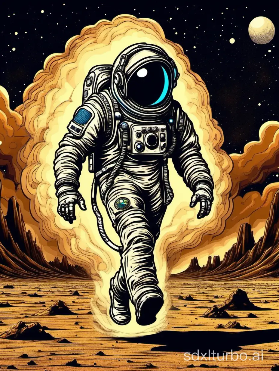 An astronaut walking alone in the desert at night, crashed spaceship in the background and billowing smoke, alien eyes are seen in the distance, pop art style.