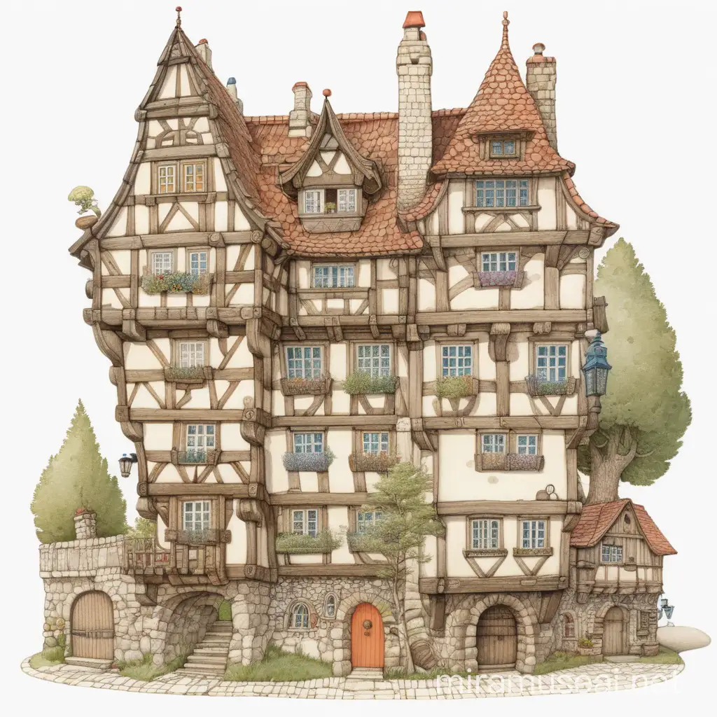 Whimsical HalfTimbered Stone Building with Tower and Garden